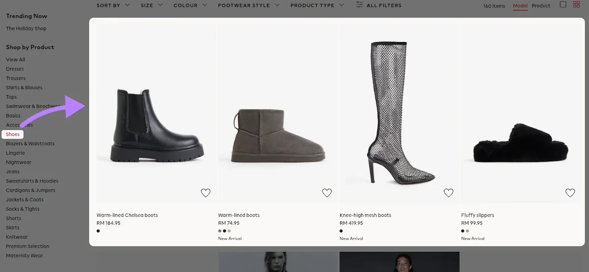 “Shoes”宽泛类别展示网站上所有不同类型的鞋子