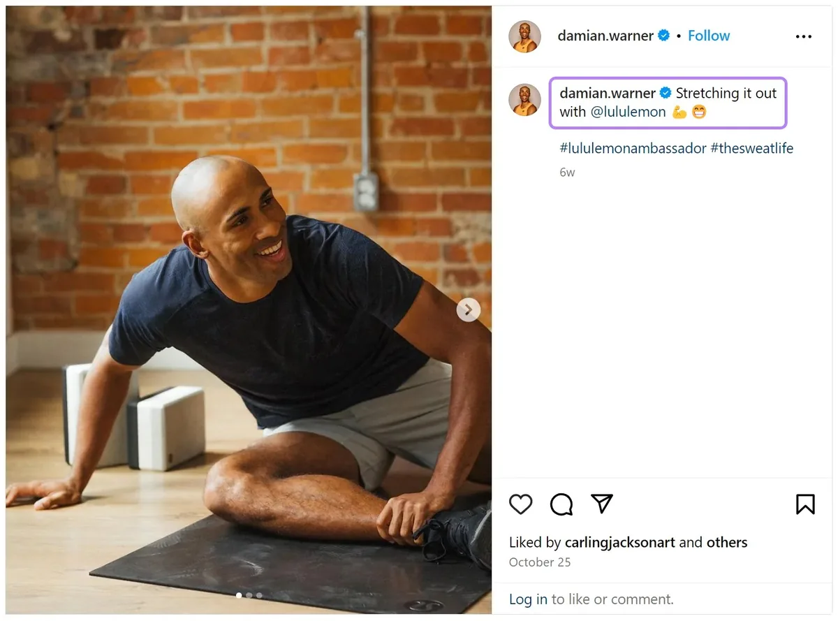 Damian Warner 推广 Lululemon 的 Instagram 帖子