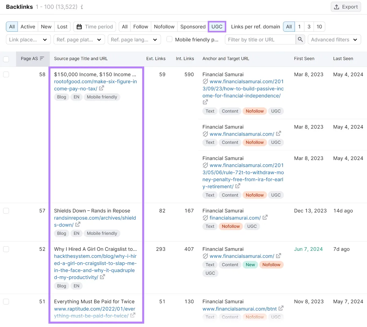 Backlinks 工具的“Backlinks”部分，“UGC”筛选器和“Source page”列被突出显示