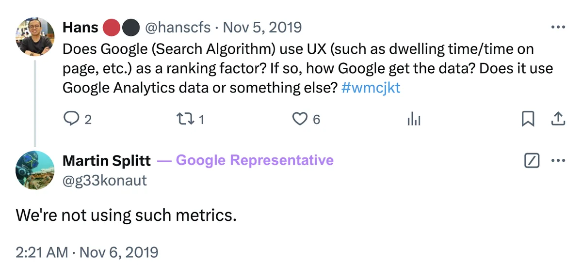 Google 代表 Martin Splitt 表示，Google 不会将停留时间和页面停留时长等用户体验指标作为排名因素。