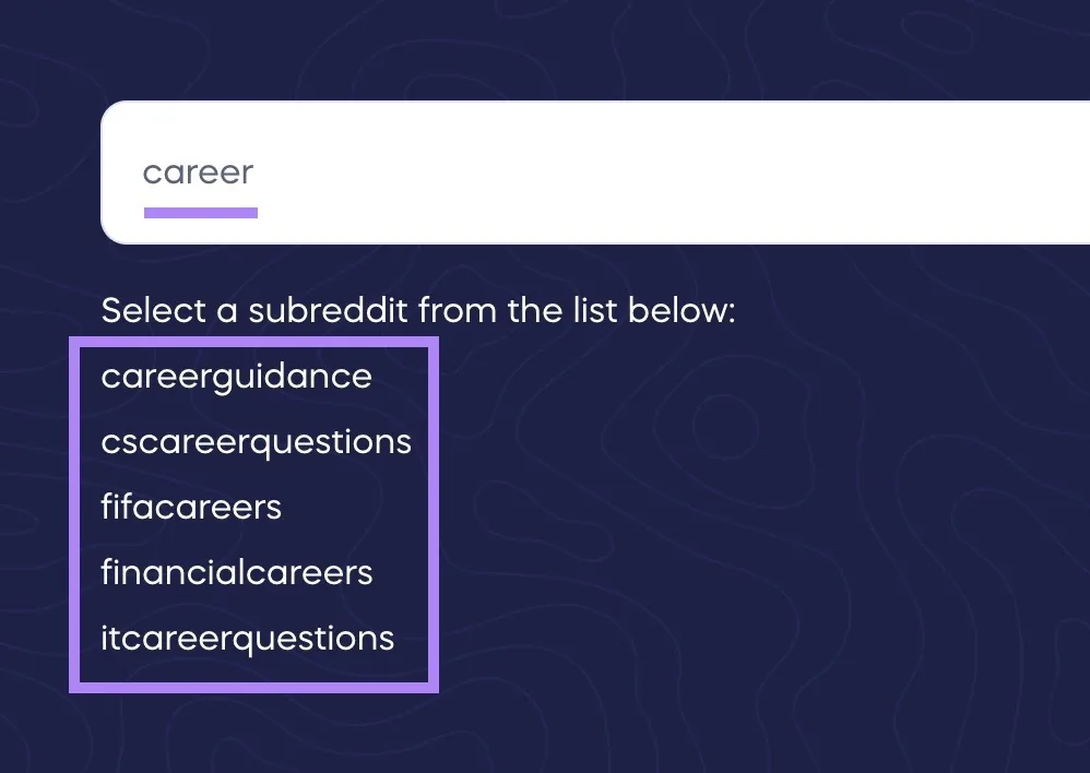 Reddit Keyword Research Tool 中输入词条“career”，并突出显示出现的子版块列表。