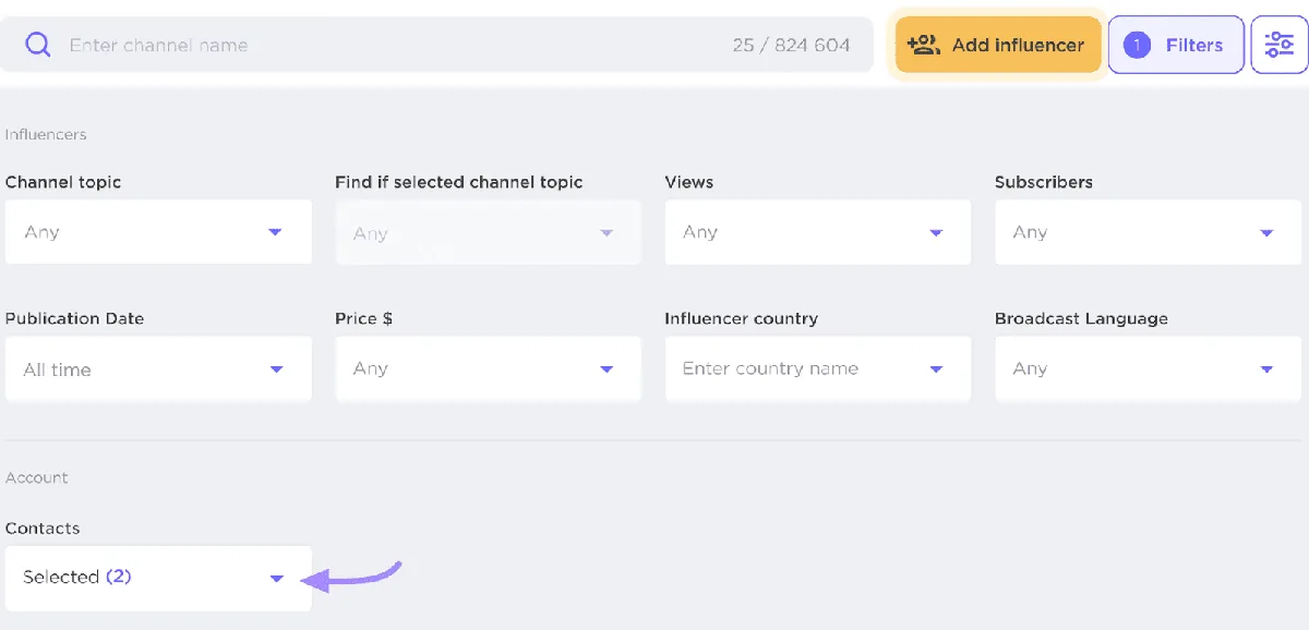 Influencer Analytics 界面，用于管理或搜索达人，“Contacts”筛选器以紫色高亮显示。