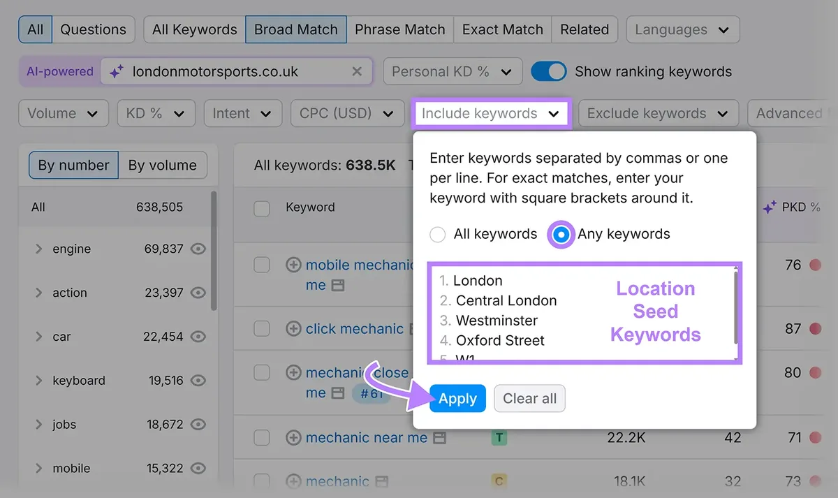 在 Keyword Magic Tool 上应用过滤器，仅显示具有本地意图的关键词。
