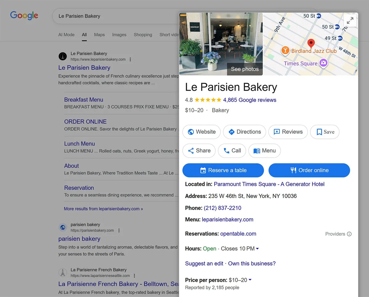 Le Parisien Bakery 的 Google 搜索结果,展示包含评价、位置和联系信息的商家资料。