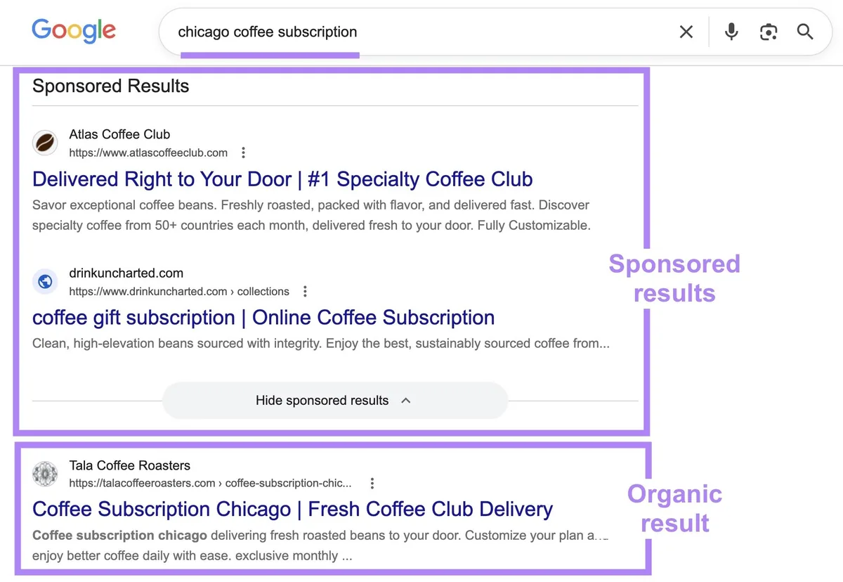 词条“chicago coffee subscription”的 Google 搜索结果页面,赞助结果和顶部自然结果已高亮显示。