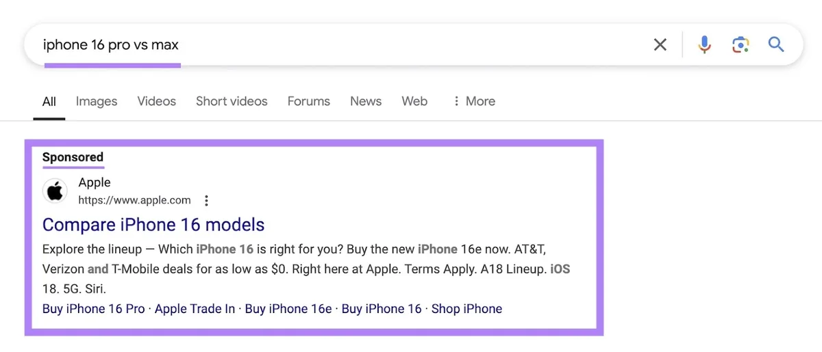 Google 搜索结果页面输入词条“iphone 16 pro vs max”，顶部结果为 Apple 的一条搜索广告。