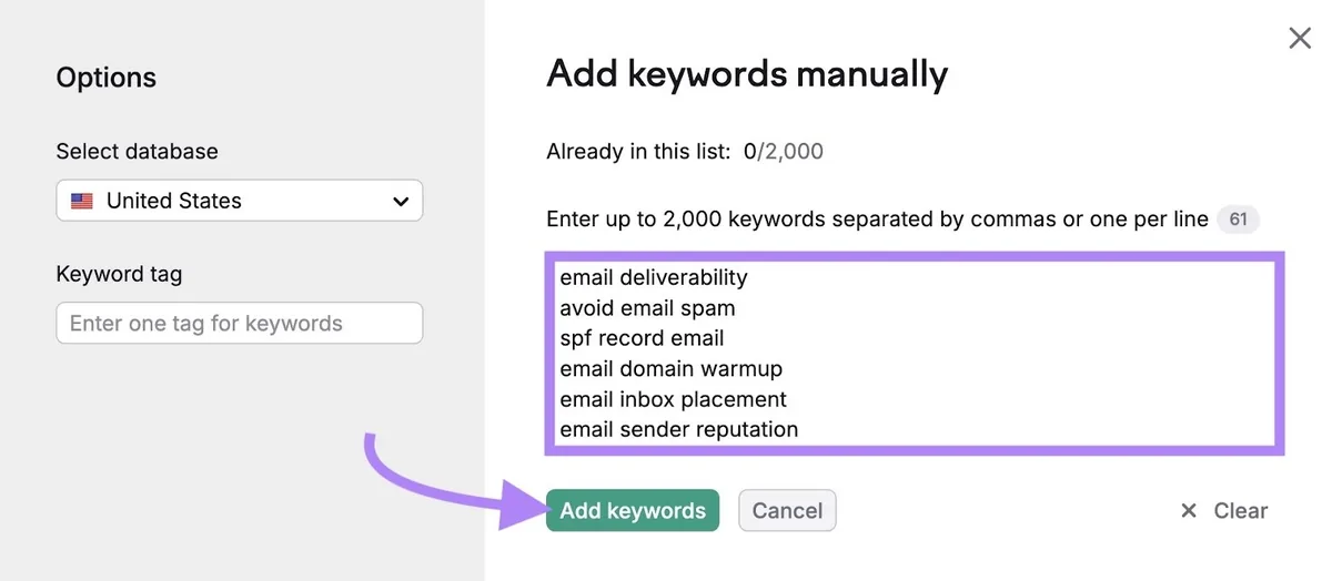 Keyword Strategy Builder 的手动添加关键词窗口，已输入多个关键词并点击“Add keywords”。