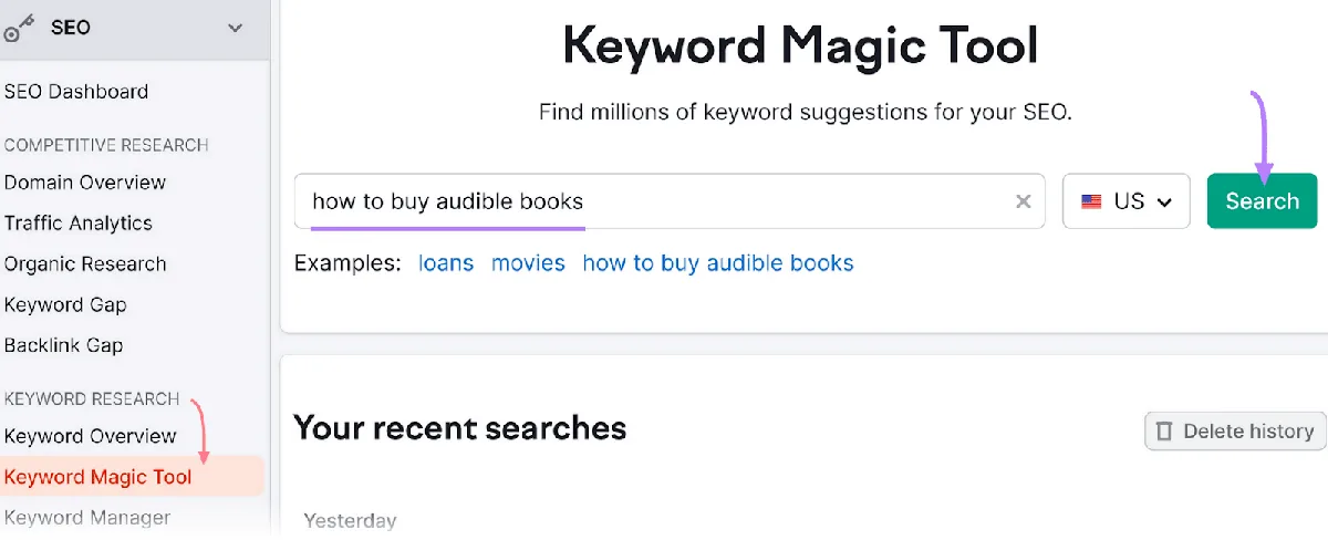 Keyword Magic Tool，文本框中为“how to buy audible books”，“Search”按钮用紫色箭头高亮显示。