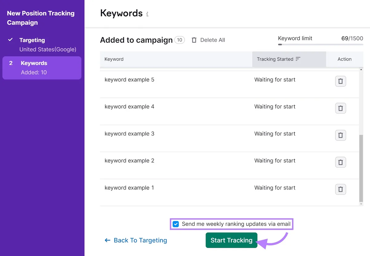 Position Tracking 工具的“Keywords”标签页,“Start Tracking”按钮被突出显示。