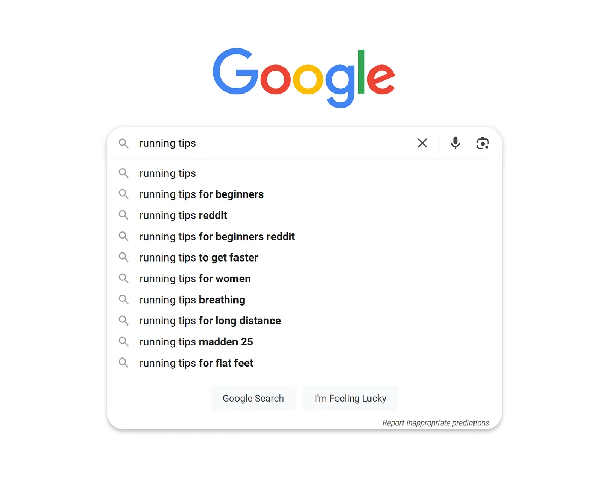 Google 搜索栏显示 running tips 的建议,包括初学者、女性、reddit、呼吸和扁平足。