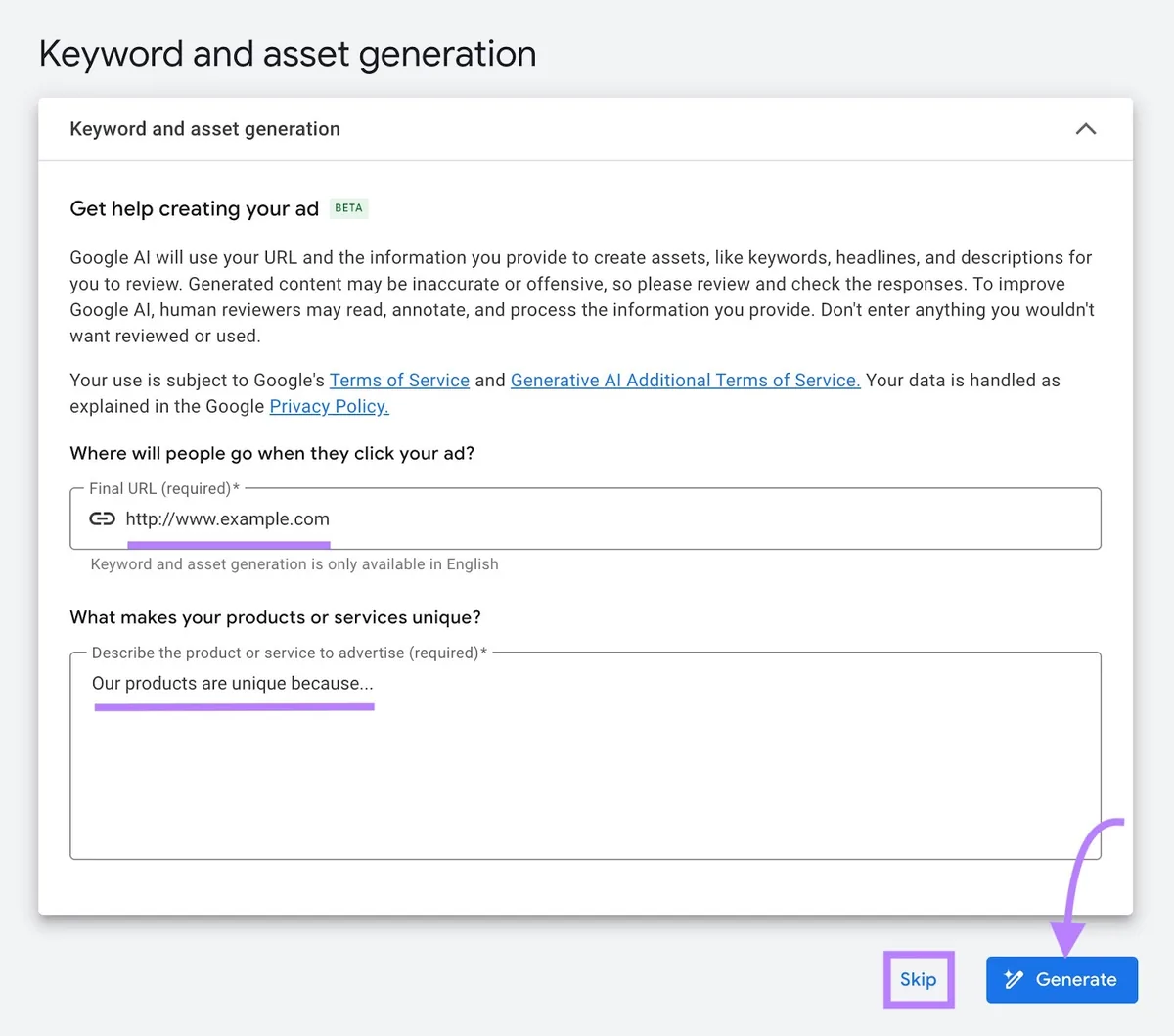 关键词和素材生成页面,已输入 URL 和关于该业务的描述,并点击“Generate”。