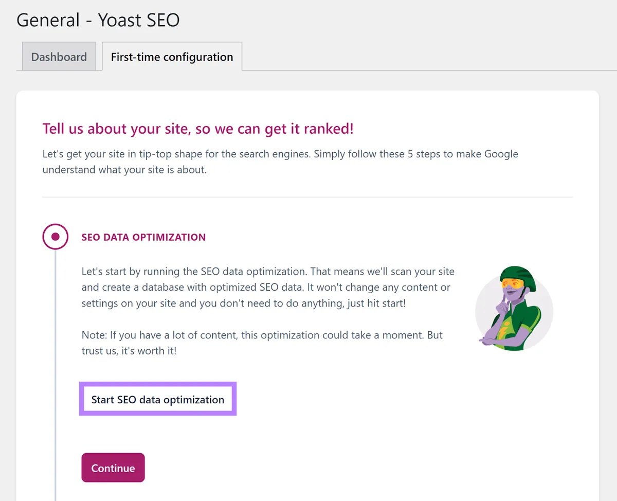 Yoast 配置页面,高亮显示“开始 SEO 数据优化”按钮