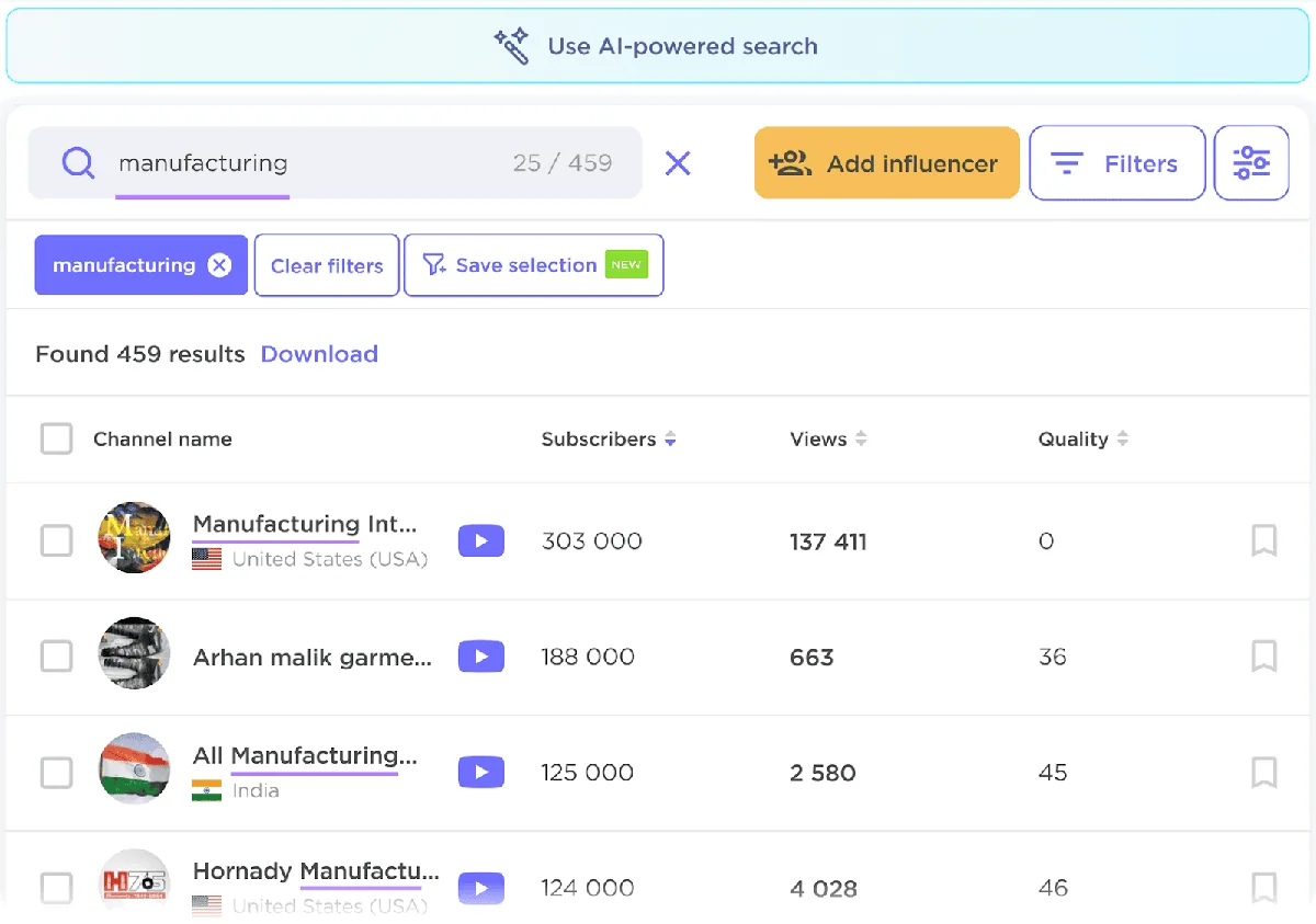 Influencer Analytics 搜索界面，展示与制造业相关的 YouTube 频道，包含筛选器、搜索结果。