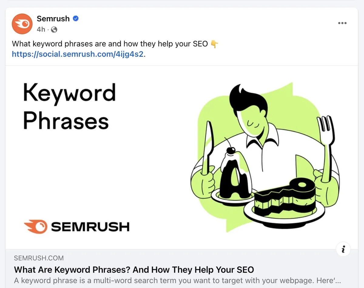 Semrush 在 Facebook 上分享的博客文章,带有开放图谱图片标签。