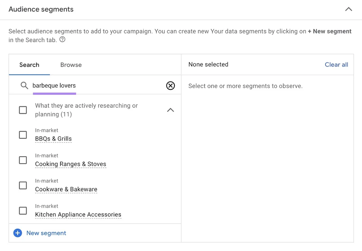 Google Ads 的受众细分设置,已输入“barbeque lovers”,显示可定向的相关受众细分。