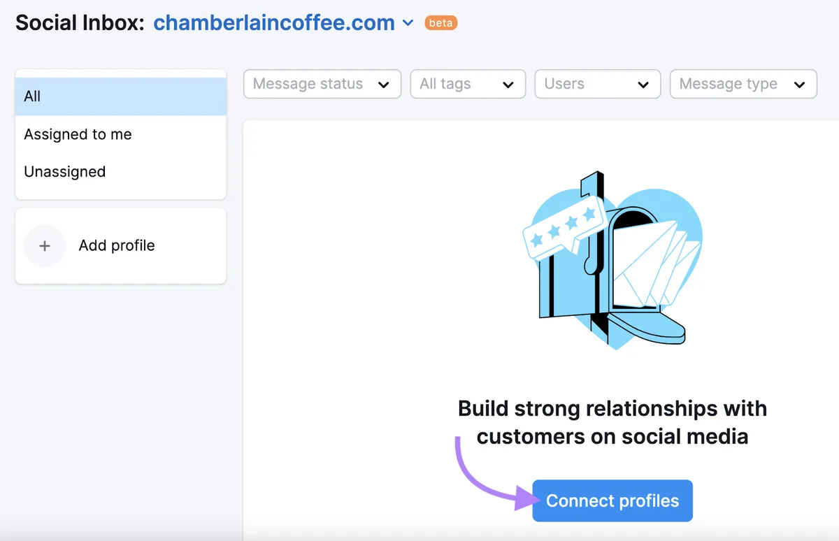 Social Inbox 应用中的“Connect profiles”按钮