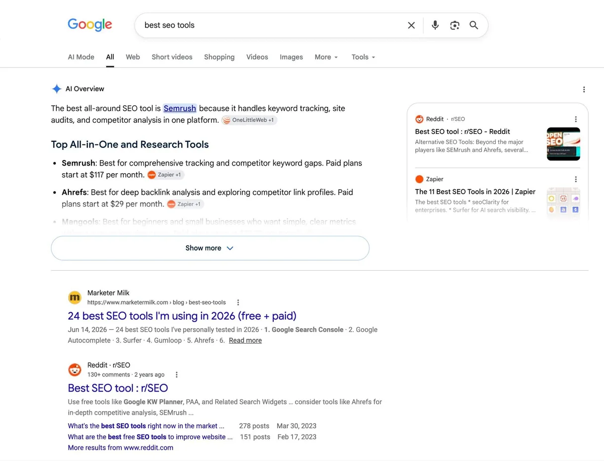 词条“best SEO tools”的 Google 搜索结果页面，AI 概览后紧随自然结果。