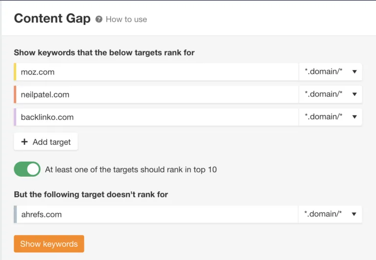 Ahrefs 的 Site Explorer 里的 Content Gap 报告