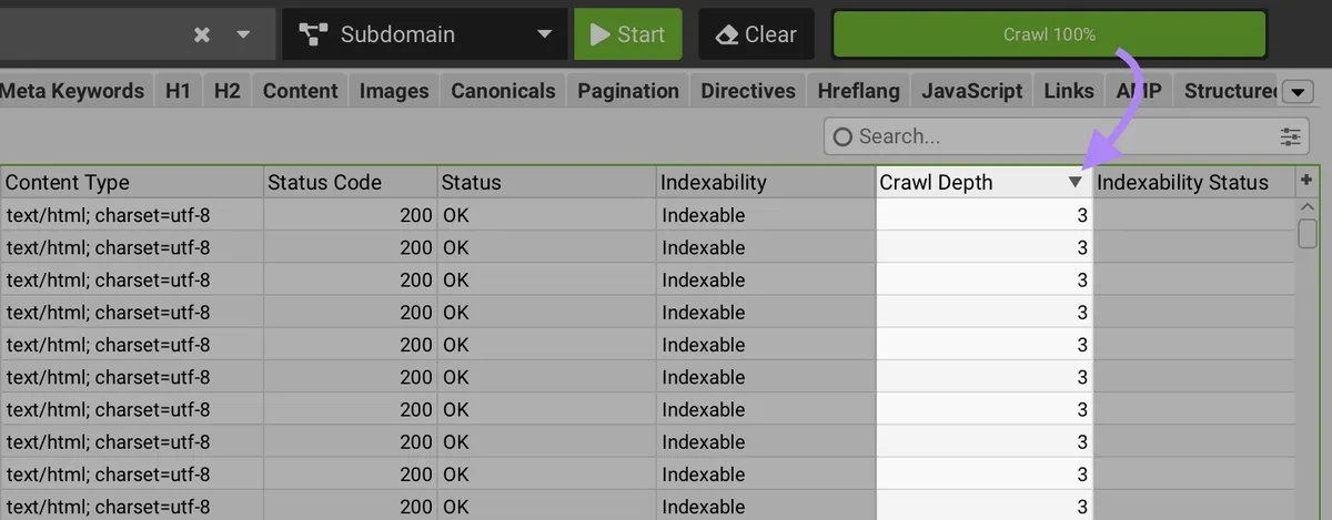 Screaming Frog 突出显示“Crawl Depth”列,显示按抓取深度从高到低排序的页面。
