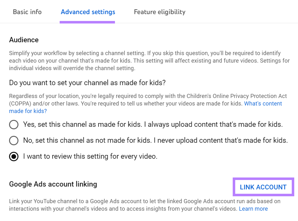 YouTube 工作室高级设置中的“Google Ads 账号关联”版块