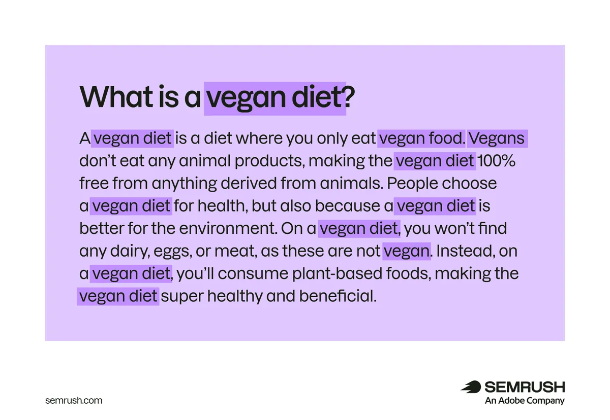 在“What is vegan diet?”上展示的关键词堆砌示例。