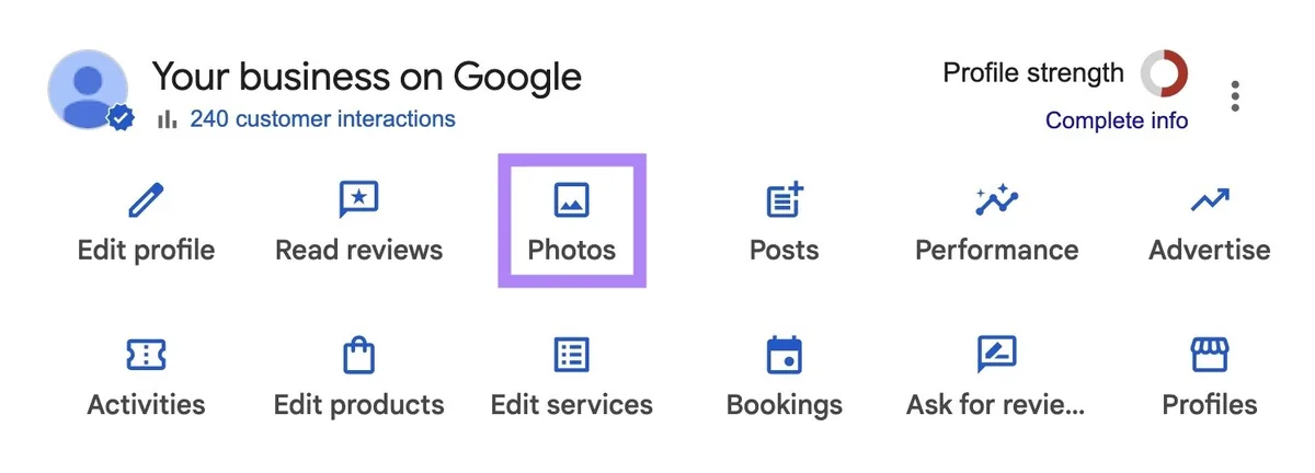 Google Business Profile 仪表板，“Photos”按钮已高亮显示。