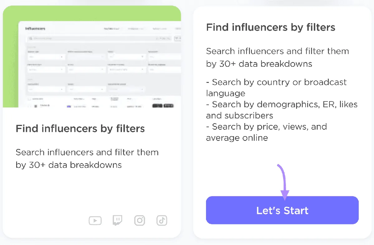 Influencer Analytics 仪表盘的两个面板，展示如何通过筛选器查找影响者，并有“Let’s Start”按钮。