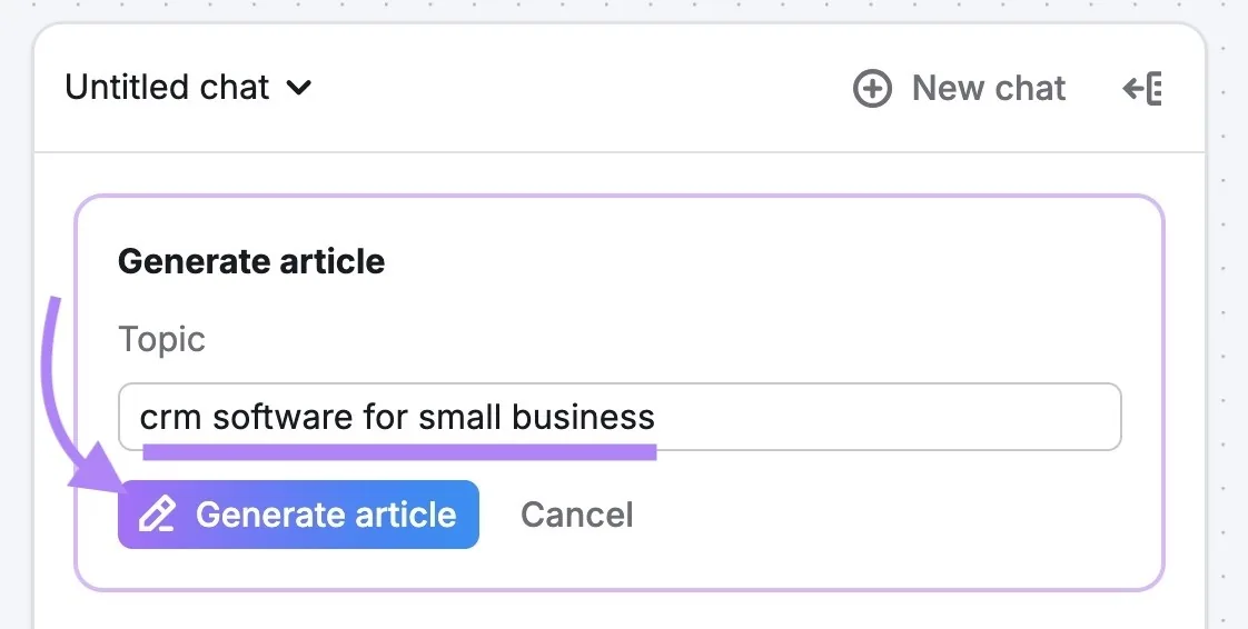 在 AI Article Generator 中输入主题“crm software for small business”并点击了“Generate article”。