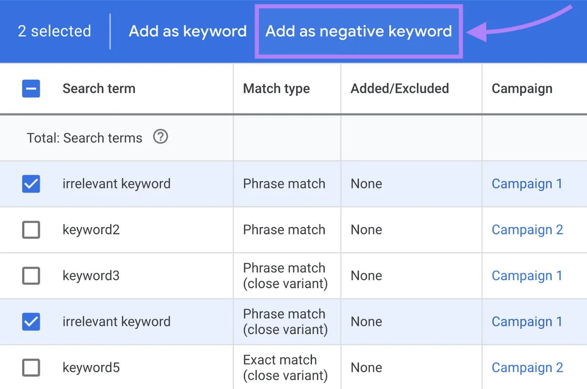 在 Google Ads 中导航至“添加为否定关键词”