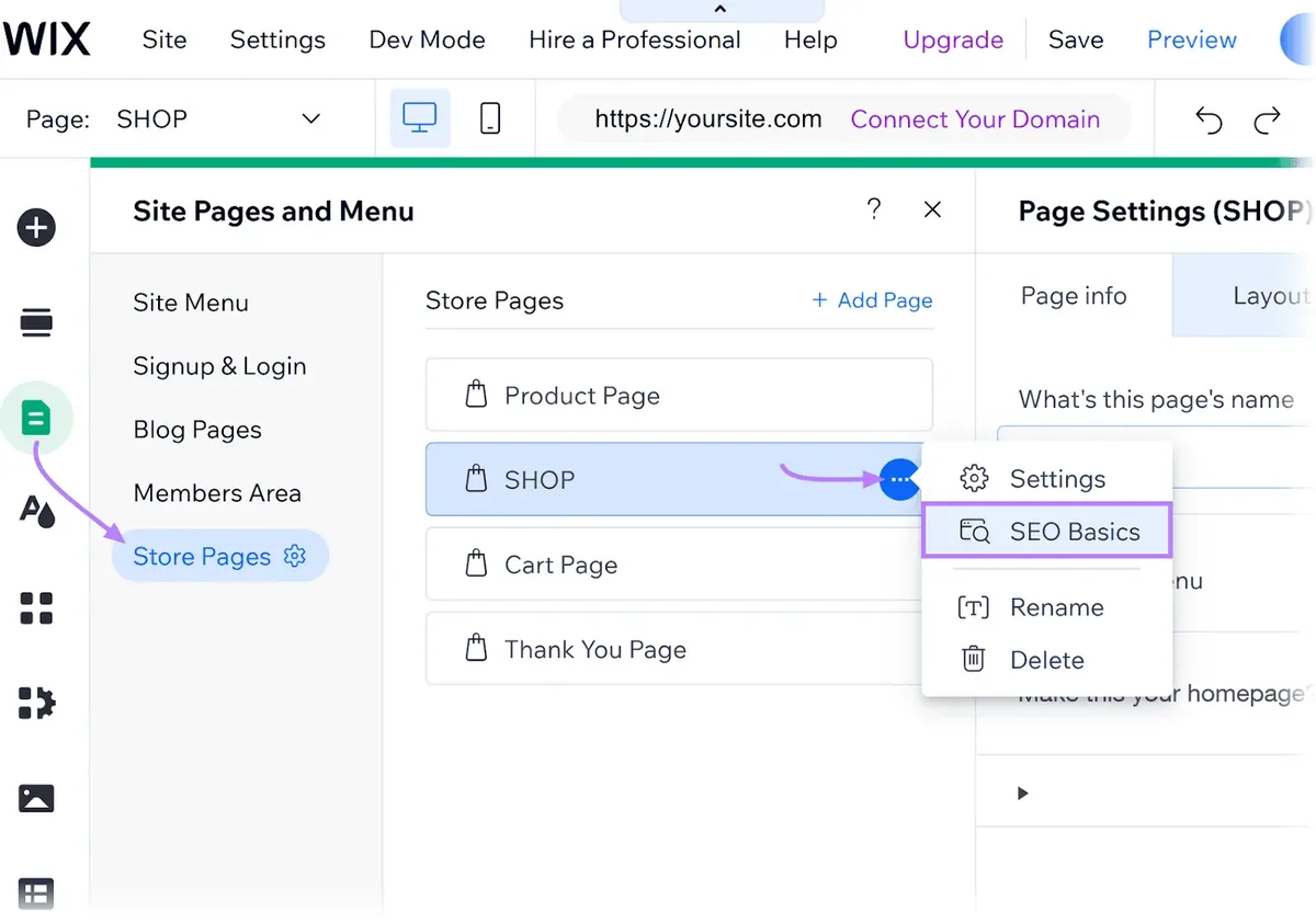 Wix 网站编辑器，在“Site Pages and Menu”下显示“Store Pages”，并为店铺页面选择“SEO Basics”
