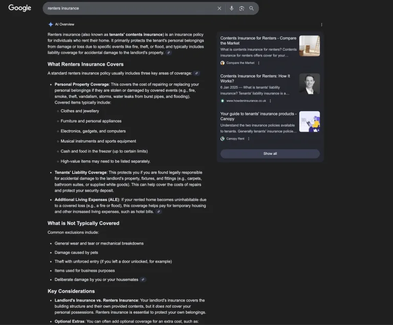 Google 针对“renters insurance”的 AI Overview 深色模式界面，展示详细的承保信息，包括“租客保险承保范围”板块，含个人财产承保、租户责任承保和额外生活费用的要点列表，以及“通常不予承保的项目”板块。