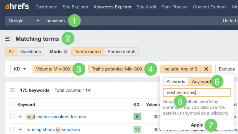 在 Ahrefs 的 Keywords Explorer 中筛选与运动鞋相关且包含“best”“vs”或“review”的长尾关键词