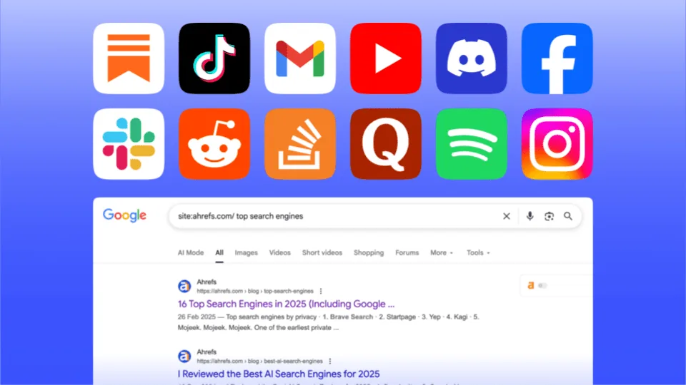 某项 Google 搜索的结果,顶部展示多个应用图标