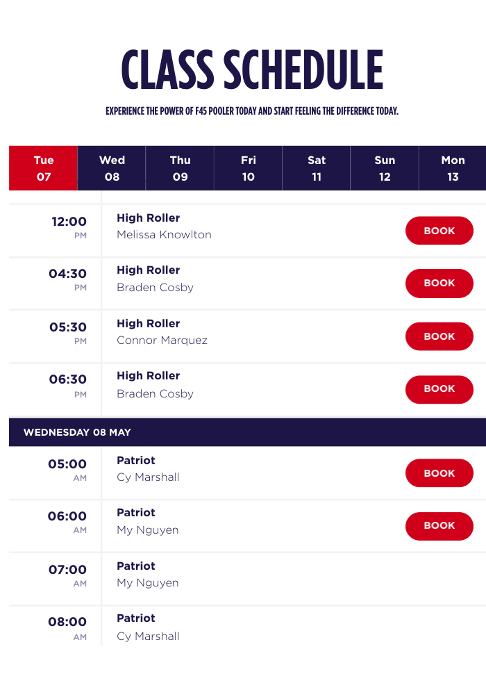 F45 Pooler 加盟店点的课程表