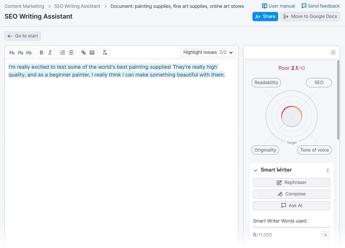 SEO Writing Assistant 用户界面