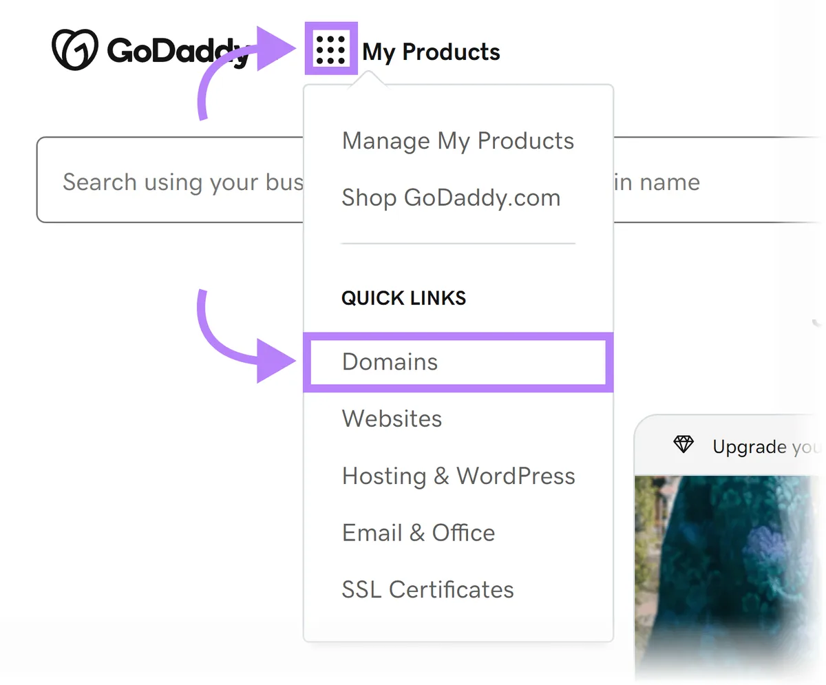 GoDaddy“My Products”菜单,Domains 快捷链接已高亮显示