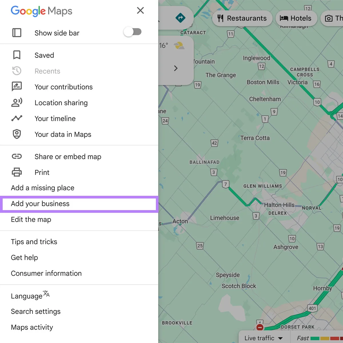 Google 地图菜单已打开,“Add your business”选项已高亮显示。