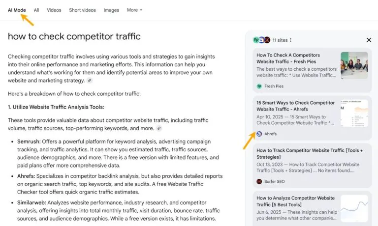 一张 Google 上“how to check competitor traffic”在 AI Mode 中的搜索结果截图。AI 生成的回答引用了一篇 Ahrefs 文章,右侧用箭头将其高亮标出。