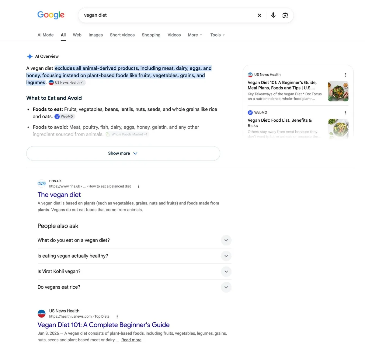 词条“vegan diet”的 Google 搜索结果页面,顶部结果为 AI 概览、自然结果列表和一个 PAA 框。