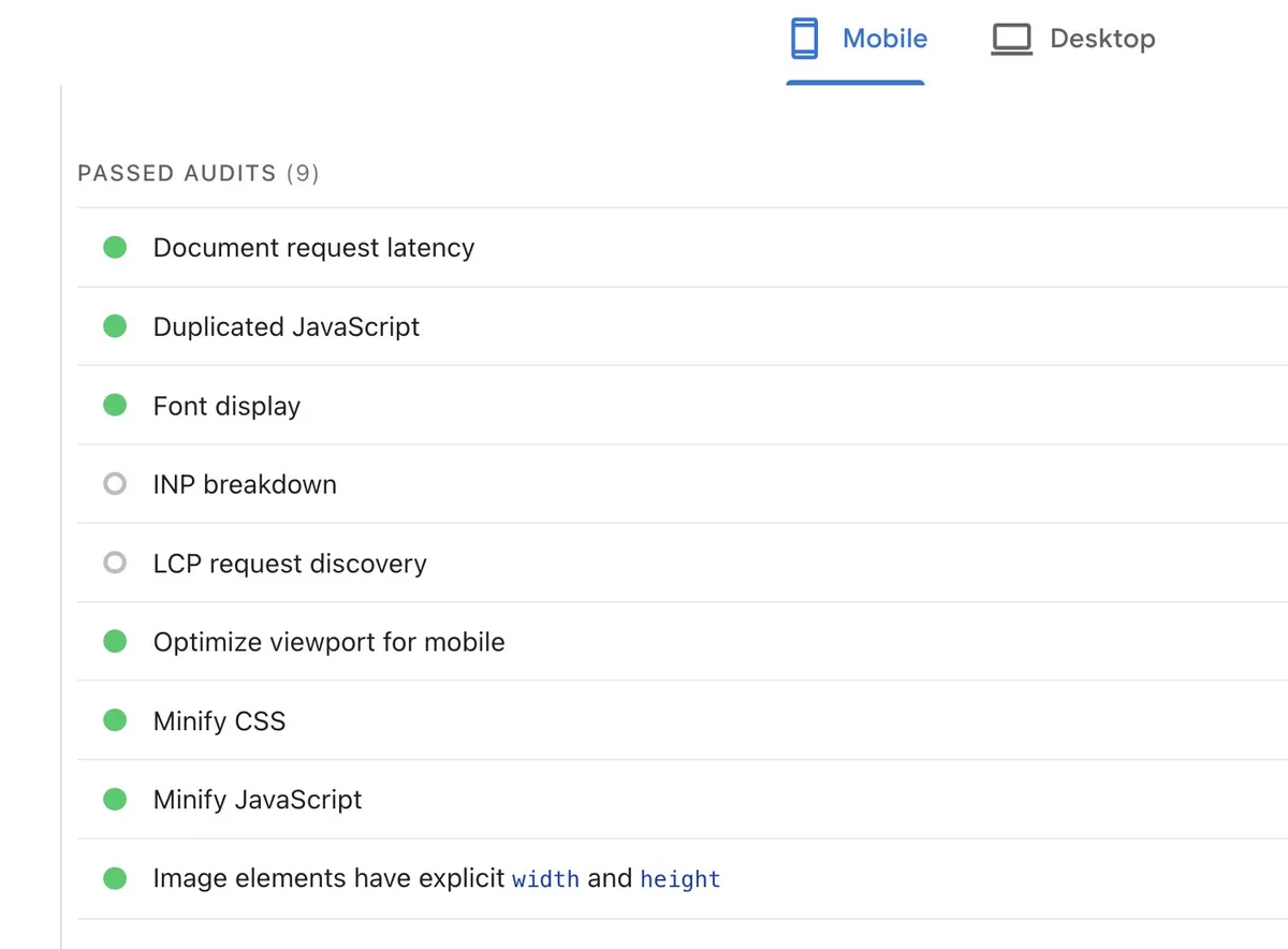 PageSpeed Insights 报告显示“Passed Audits”部分,包含视口配置和可读字号等移动端适配检查。