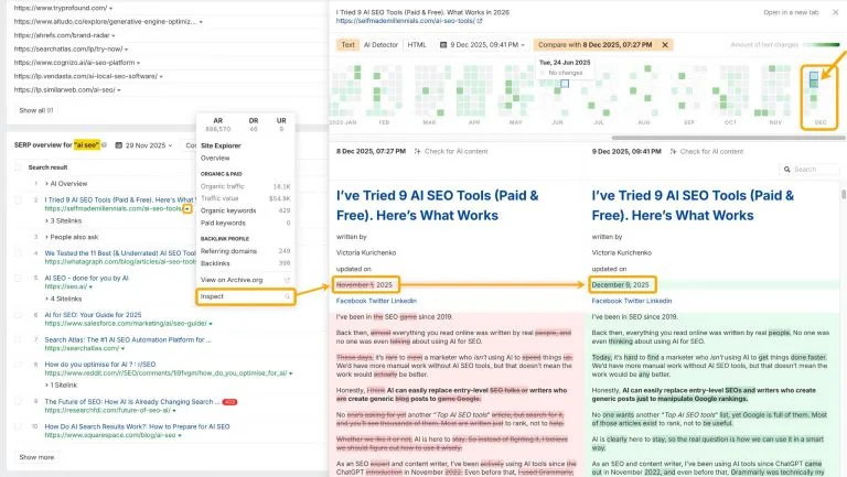 Ahrefs Site Explorer 中 Page Inspect 工具的并排对比,展示