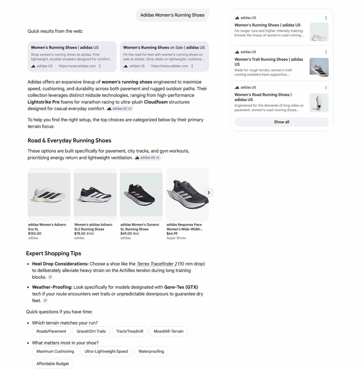 Google AI 模式对提示词“Adidas Women's Running Shoes”的回复。