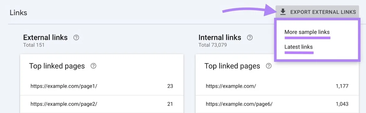 在 GSC 上点击了“Export External Links”,下拉菜单中的“More sample links”和“Latest links”选项被突出显示。