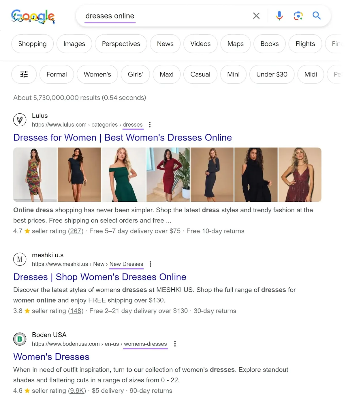 “dresses online”的 Google 搜索结果页面,结果中的电商分类页面已高亮显示