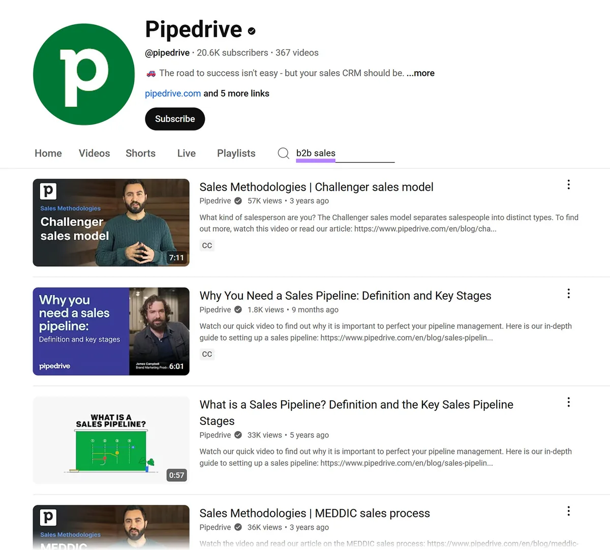 Pipedrive 的 YouTube 频道页面,显示“b2b sales”视频的搜索结果。