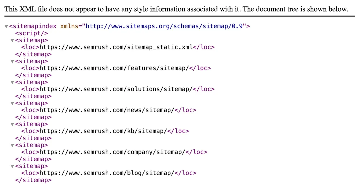 Semrush XML 站点地图索引，列出多个 URL。