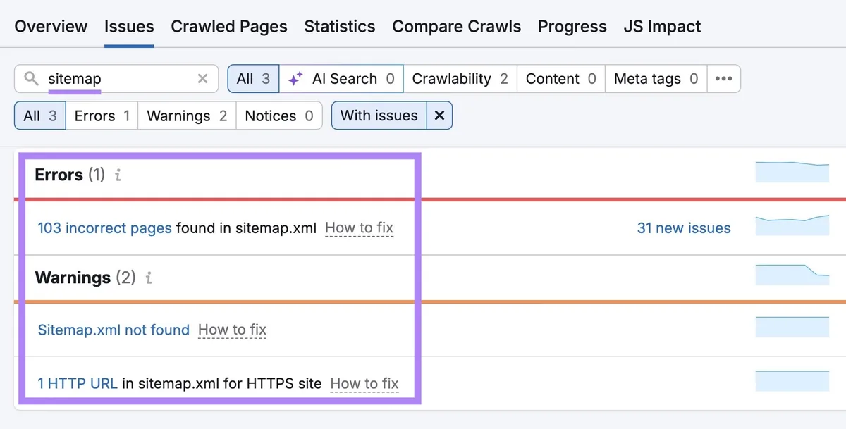 Site Audit 上的“Issues”标签页,输入“sitemap”,显示站点地图错误和警告列表。
