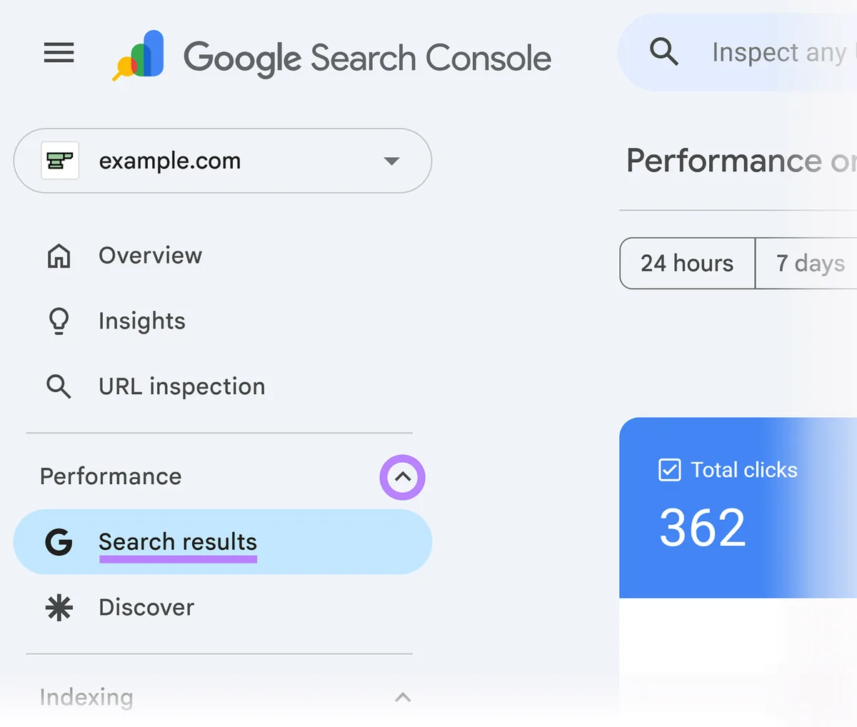 Google Search Console 侧边栏,已在 Performance 部分下选中 Search results