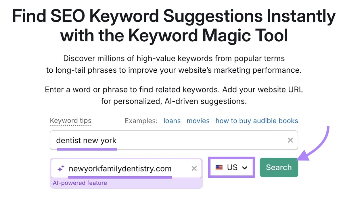 Keyword Magic Tool 起始界面,已输入关键词和域名,选择地区,并点击“Search”。