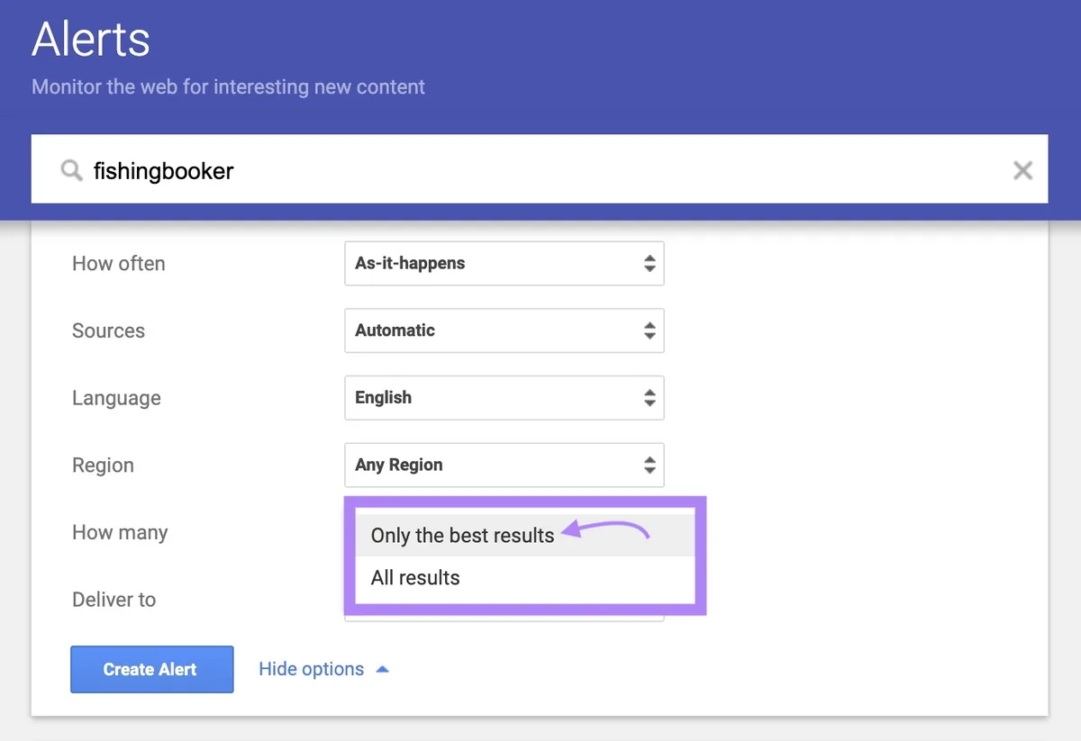 Google Alerts 选项中打开并突出显示的“How many”下拉菜单，箭头指向“Only the best results”。